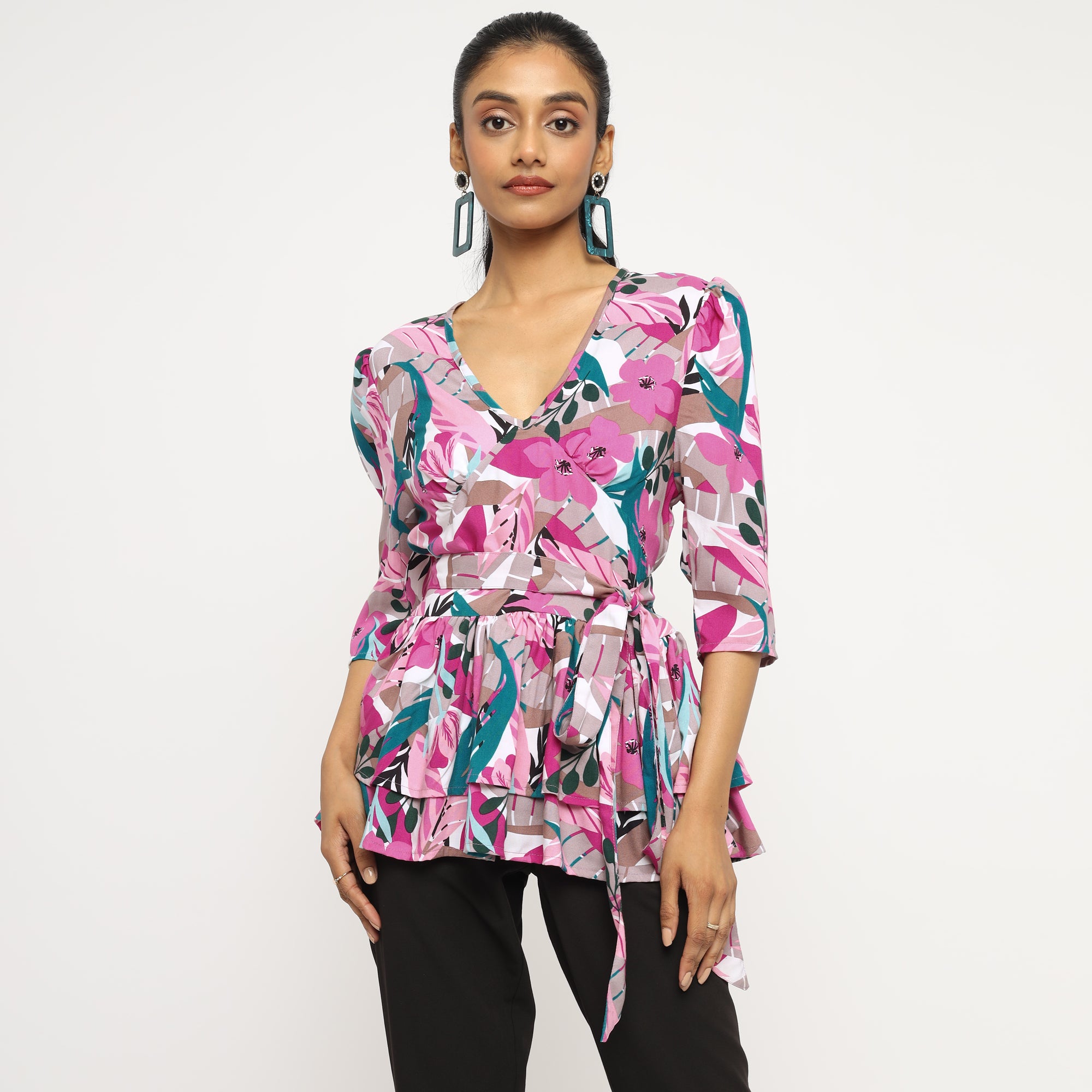 Pink Multicolor Floral Peplum Wrap Top